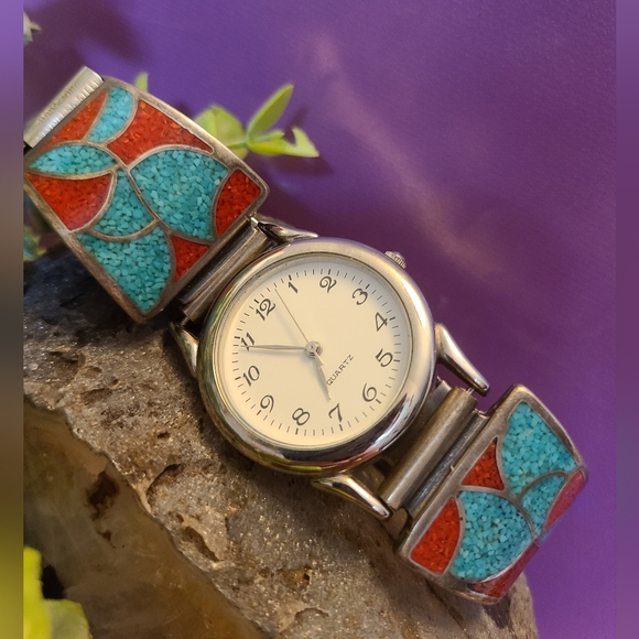 Vintage Navajo Turquoise and Coral Inlay Watch Band with Watch